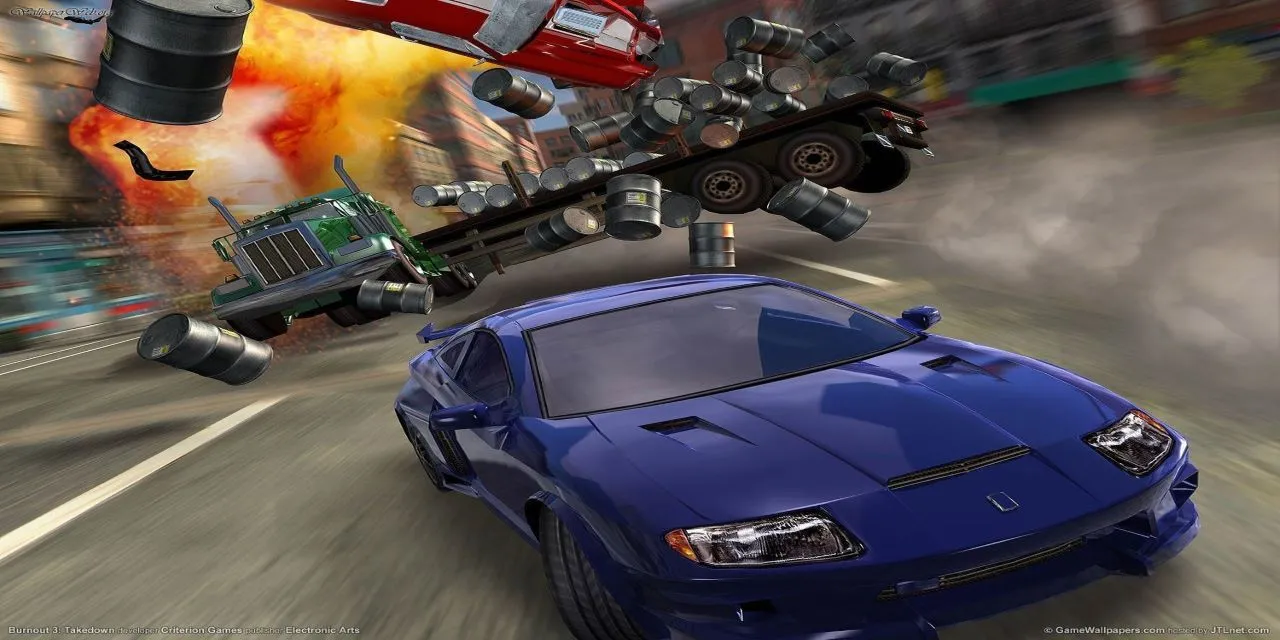 Chiếc xe đua màu xanh bị hỏng nặng sau một vụ va chạm trong Burnout 3 Takedown