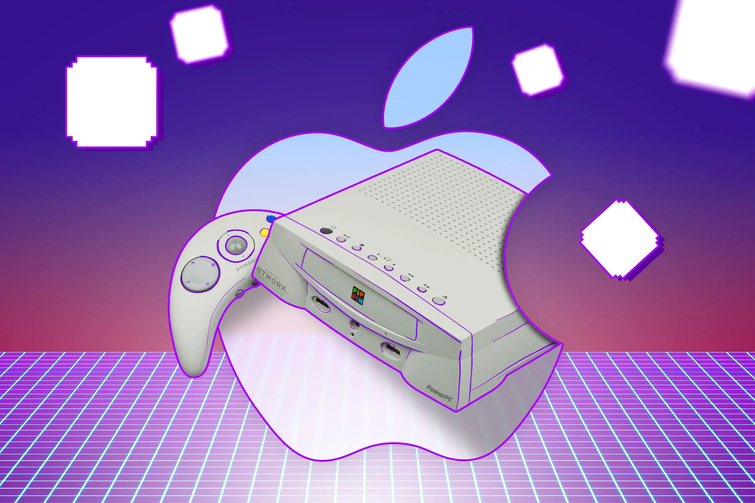 Console Apple Pippin trên nền retro gaming
