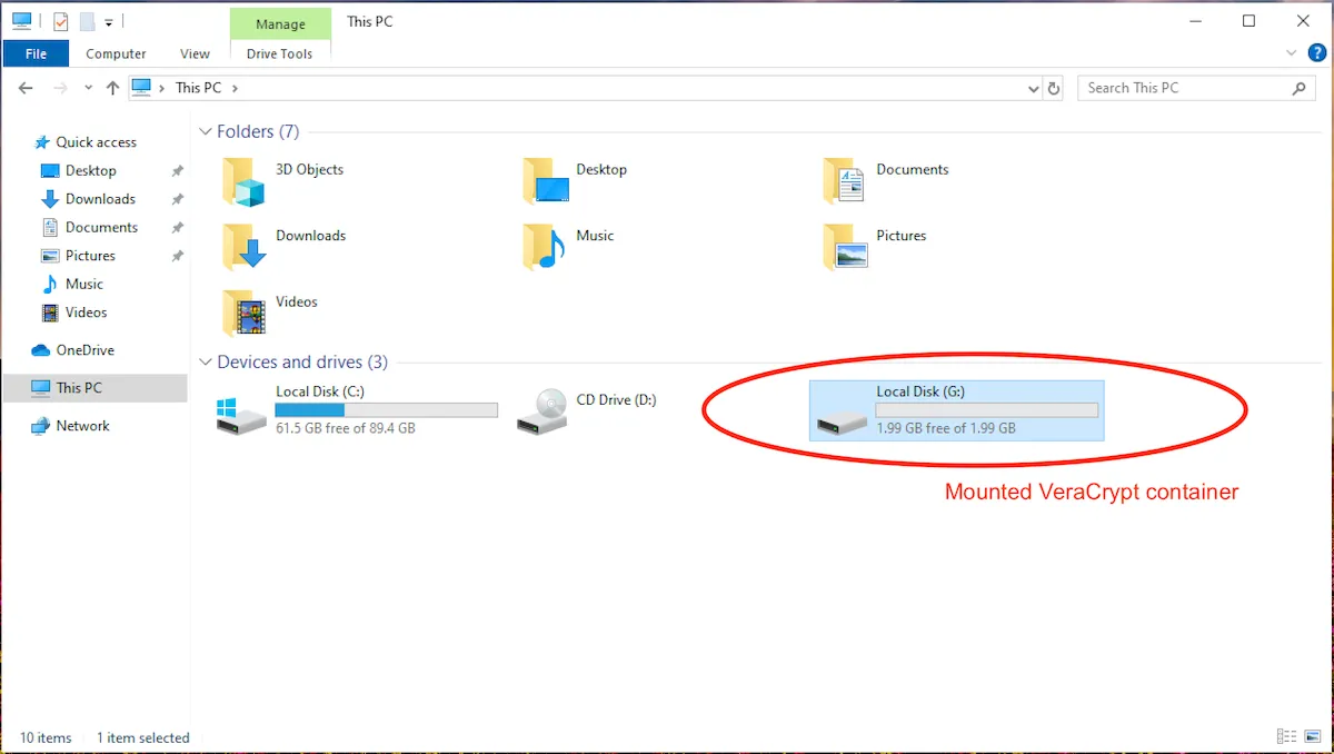 Container VeraCrypt đã gắn kết xuất hiện như một ổ đĩa cứng thông thường