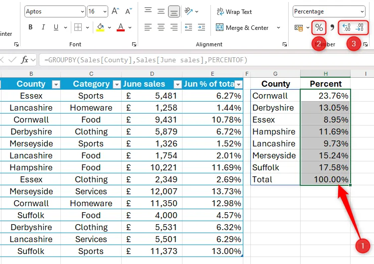 Cột dữ liệu được chọn trong Excel để định dạng phần trăm sau khi sử dụng hàm GROUPBY.