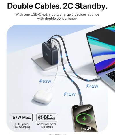 Củ sạc Baseus EnerCore CJ11 sạc cùng lúc hai thiết bị qua cáp USB-C tích hợp và một cổng phụ.