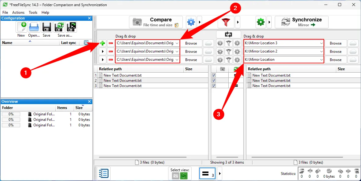 Cửa sổ FreeFileSync hiển thị quá trình thiết lập đồng bộ hóa một thư mục nguồn sang ba vị trí đích khác nhau.