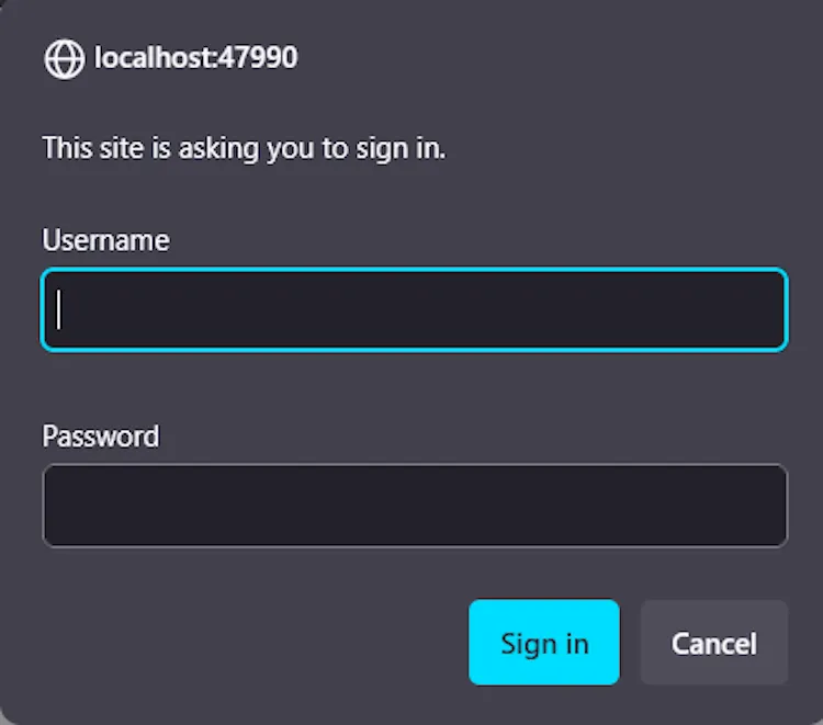 Cửa sổ nhắc đăng nhập Sunshine Web UI.
