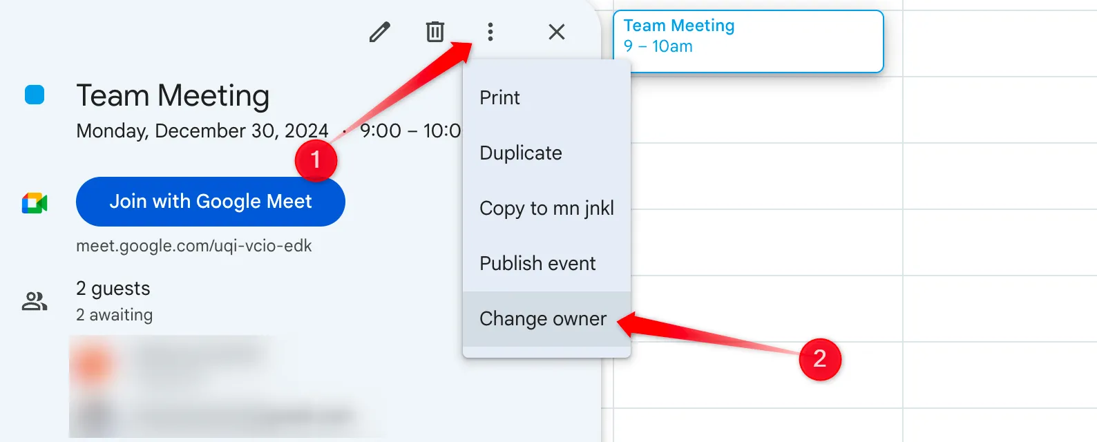 Cửa sổ pop-up trong Google Calendar hiển thị tùy chọn 'Thay đổi chủ sở hữu' cho một sự kiện cụ thể.