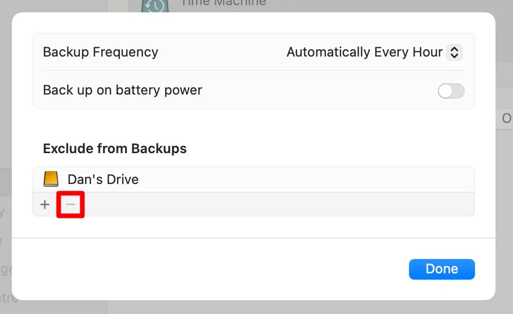 Cửa sổ tùy chọn loại trừ trong cài đặt Time Machine trên macOS hiển thị các thư mục không được sao lưu.