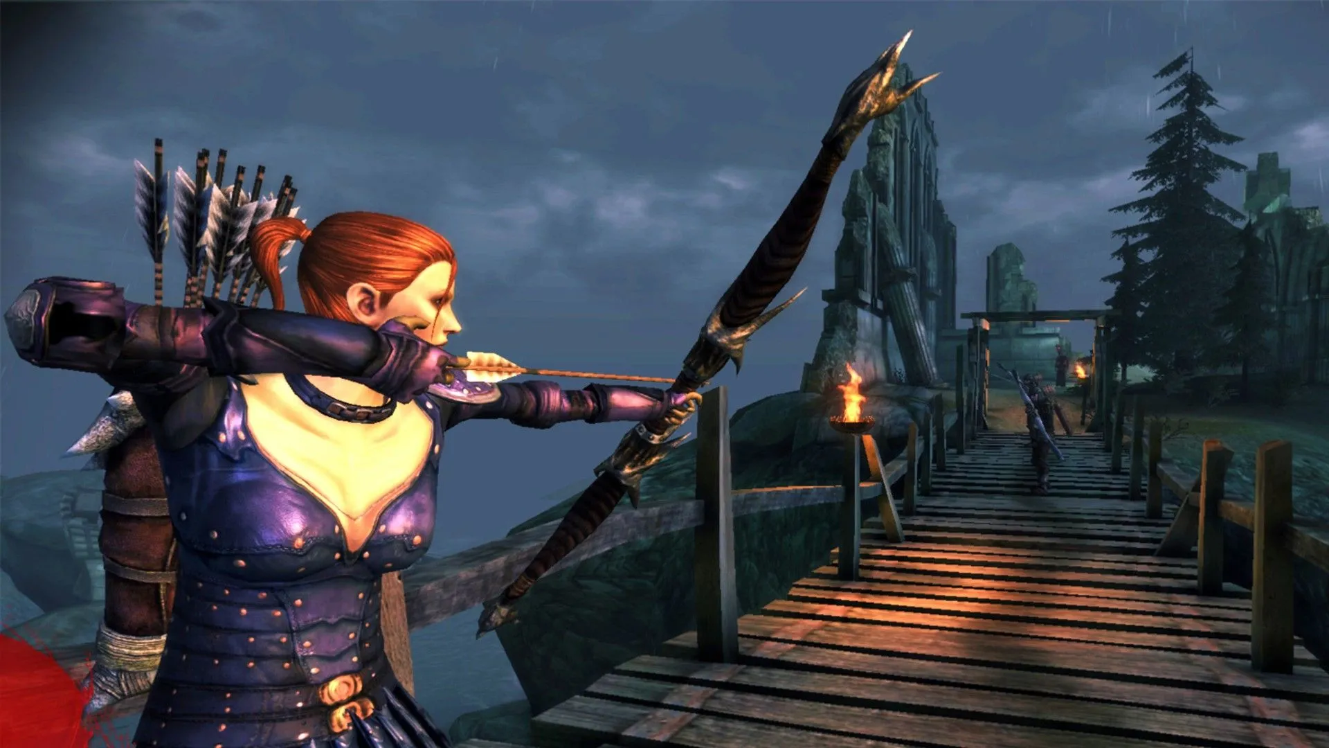 Cung thủ Leliana chuẩn bị mũi tên trong Dragon Age Origins