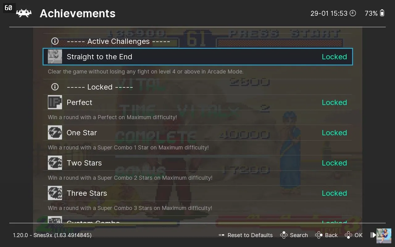 Danh sách thành tựu trong Quick Menu của RetroArch