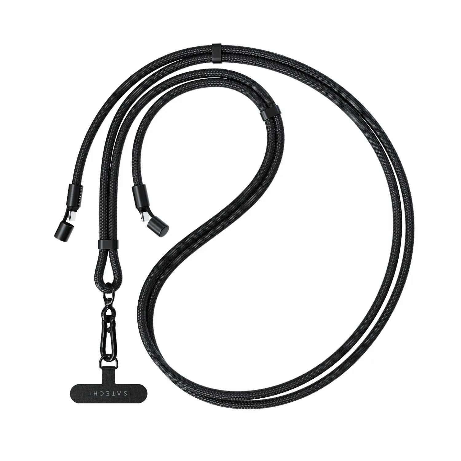 Dây đeo Satechi USB-C Lanyard màu đen trên nền trắng, minh họa chức năng kép của một dây đeo thời trang kiêm cáp sạc tiện lợi.