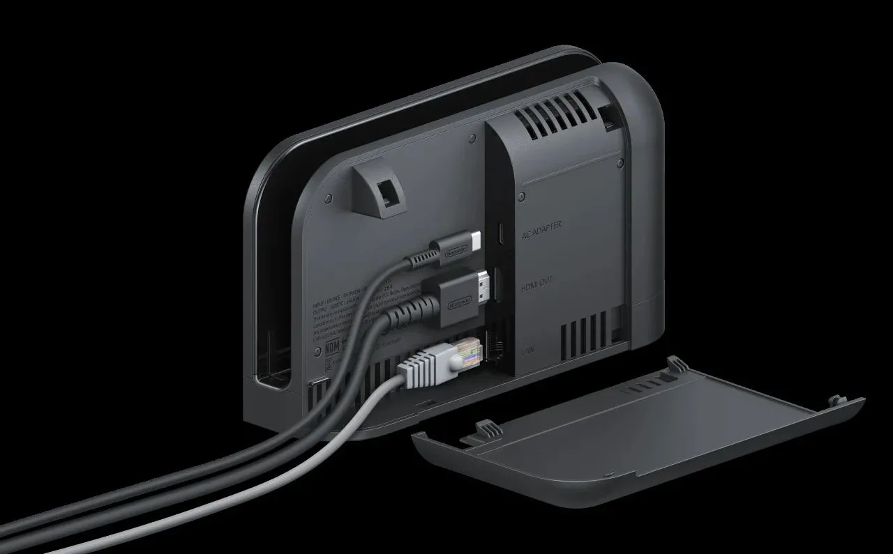 Đế sạc (dock) của Nintendo Switch 2 với các cổng kết nối và quạt tản nhiệt
