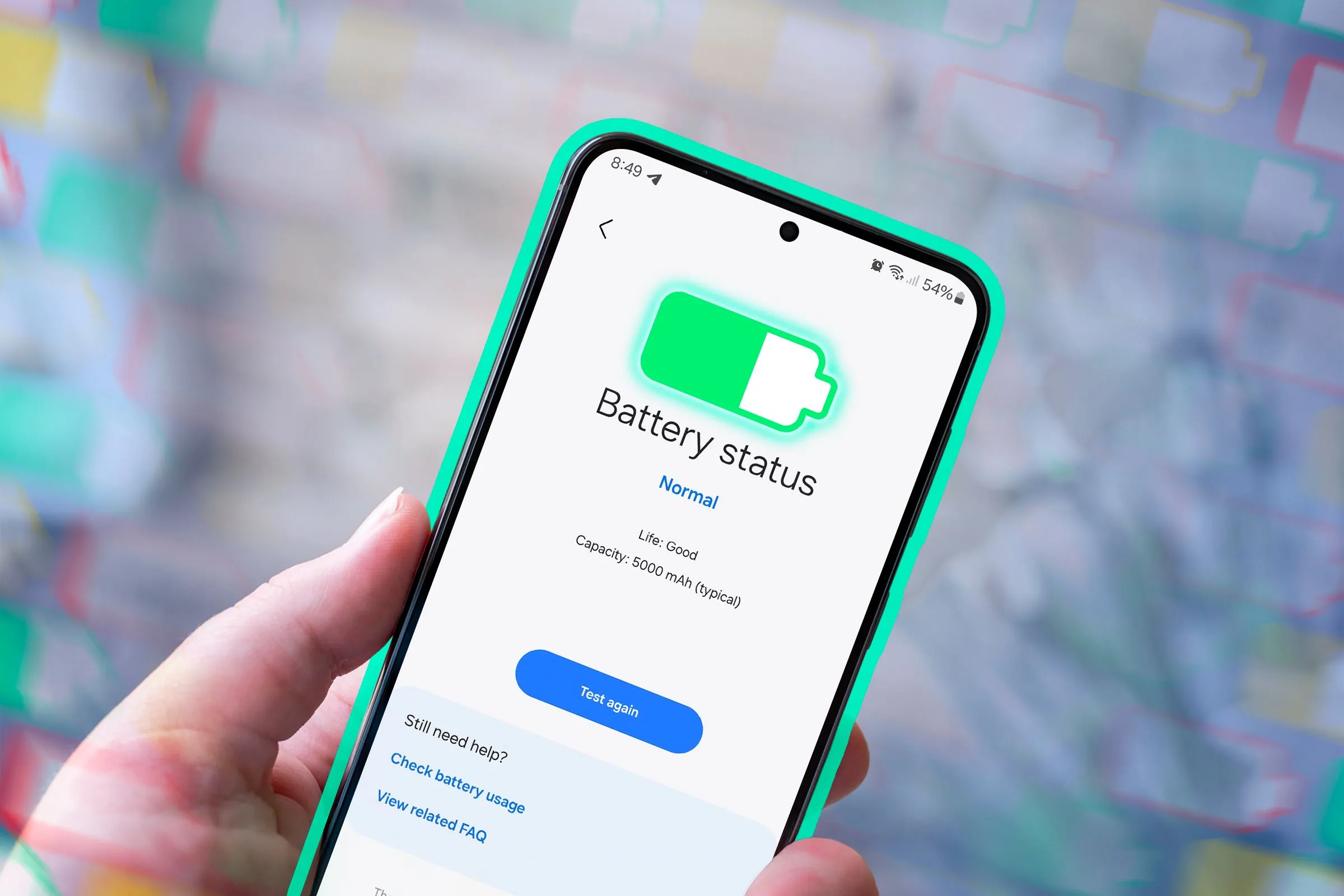 Điện thoại Samsung với màn hình trạng thái pin