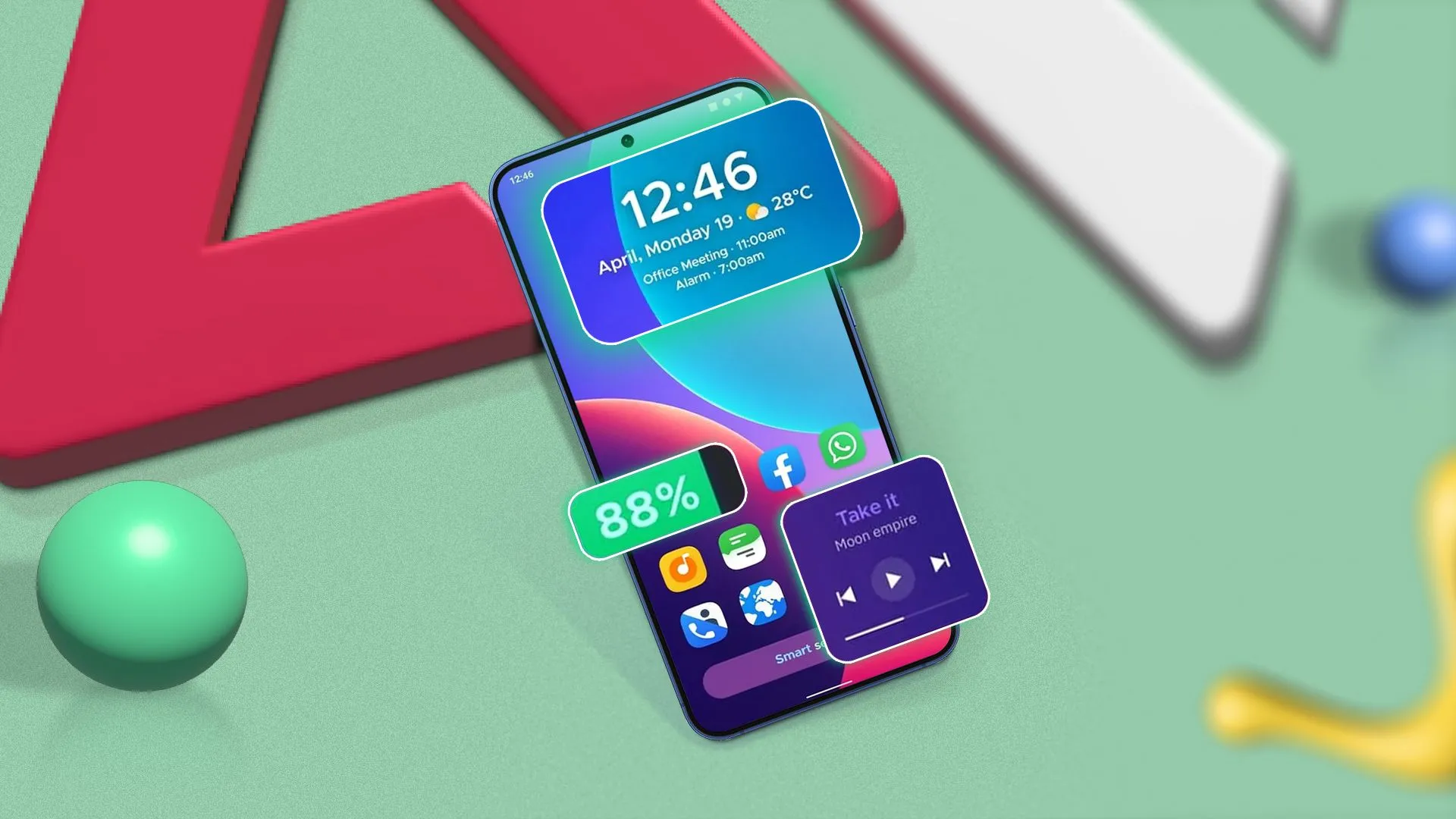Điện thoại thông minh hiển thị giao diện tùy chỉnh (custom launcher) với các hình khối hình học, minh họa khả năng cá nhân hóa và bảo mật trên Android