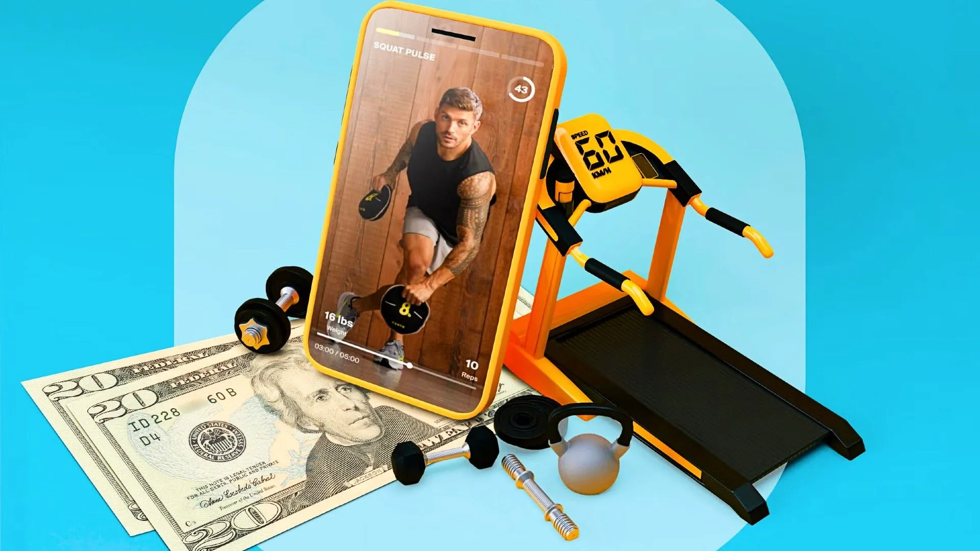 Điện thoại thông minh hiển thị ứng dụng tập luyện cùng với các thiết bị gym đơn giản, minh họa sự kết hợp giữa công nghệ và tập thể dục tại nhà.