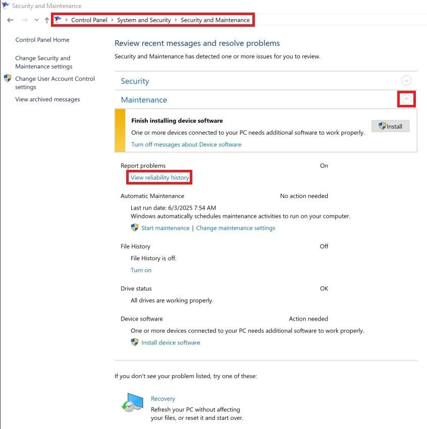 Đường dẫn trong Control Panel để mở Windows Reliability Monitor, hỗ trợ chẩn đoán lỗi máy tính.