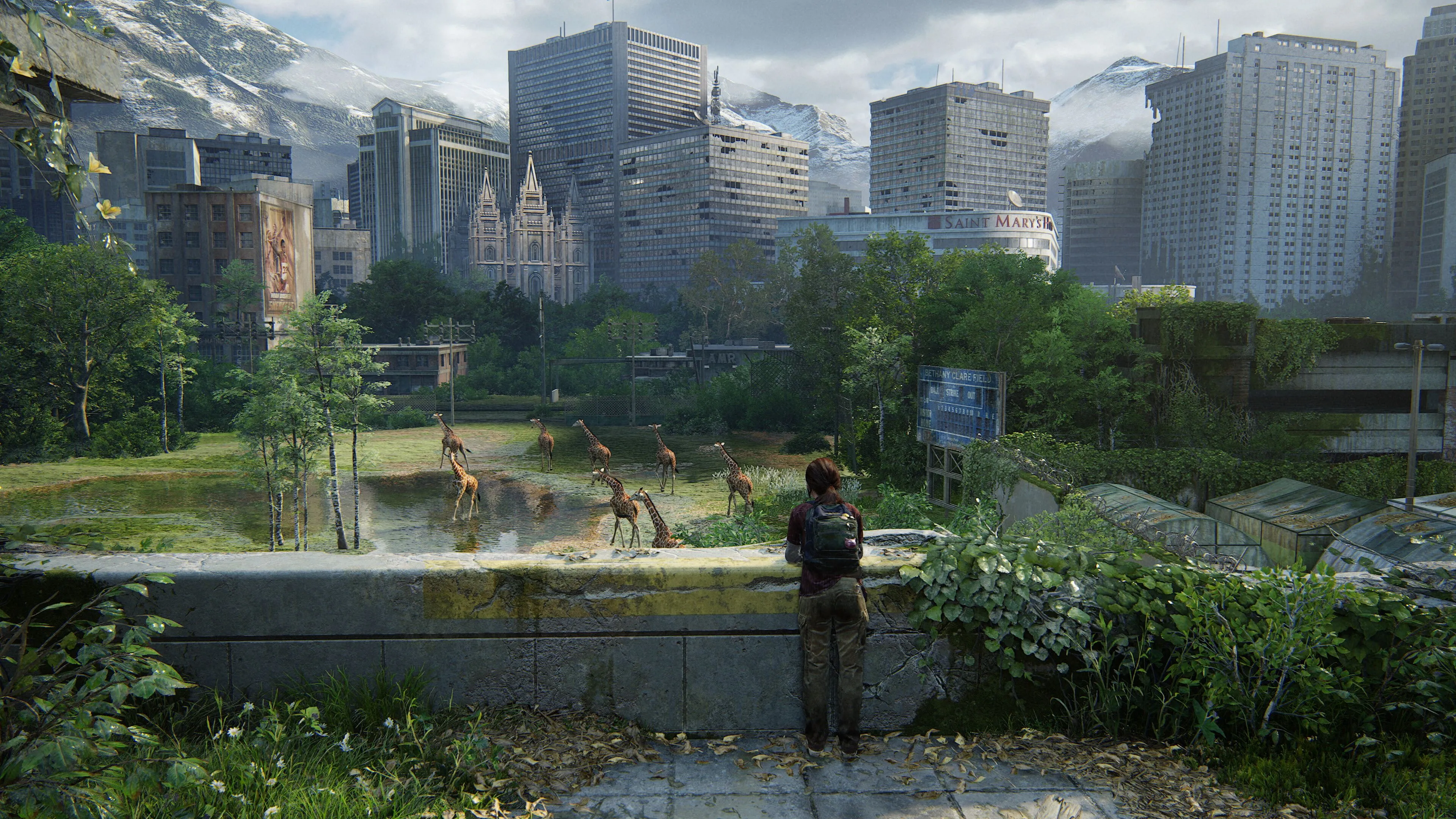 Ellie đang nhìn một đàn hươu cao cổ trong The Last of Us: Part 1, cho thấy đồ họa chi tiết và cảm xúc.