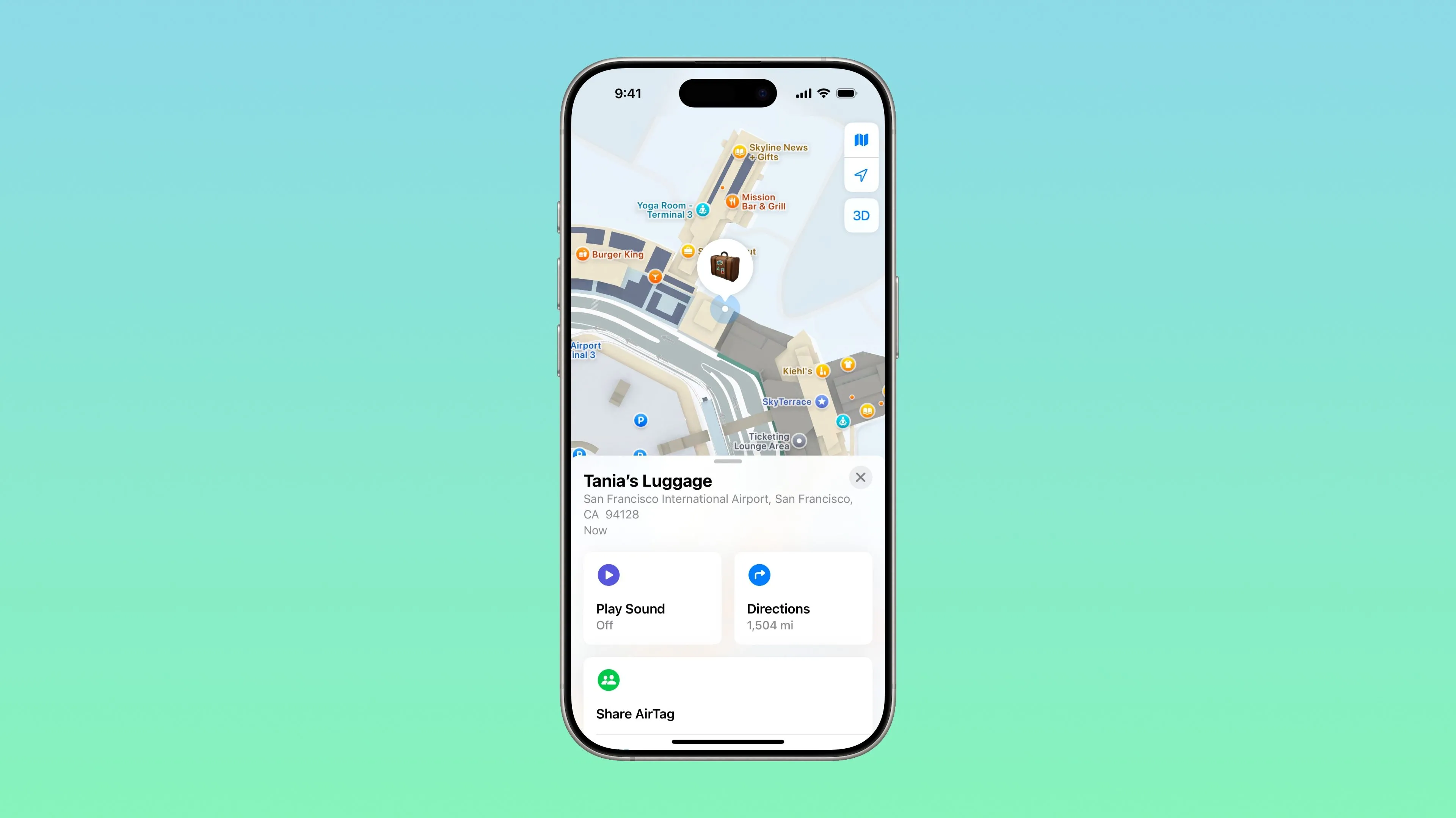 Find My trên iPhone hiển thị vị trí hành lý bị mất