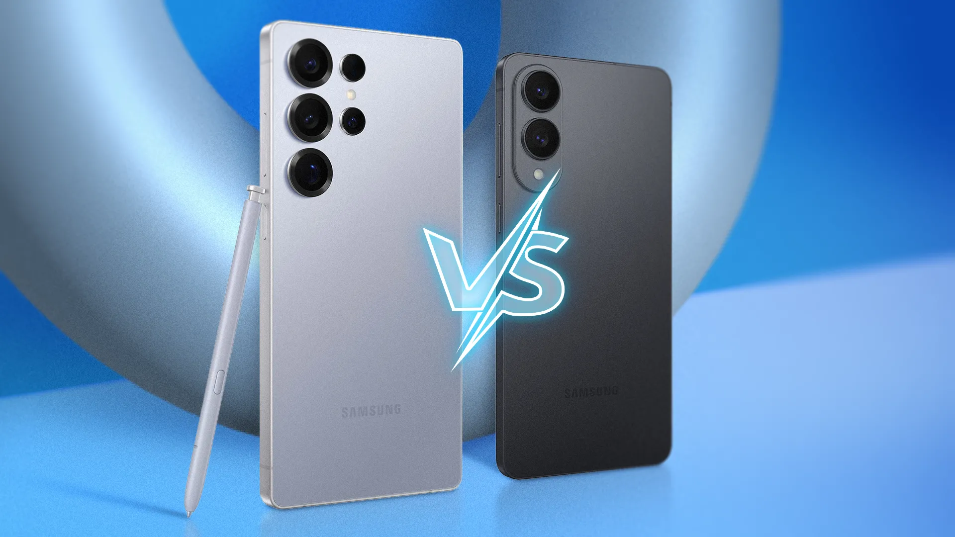 Galaxy S25 Ultra bên cạnh Galaxy S25 Edge với ký hiệu &quot;VS&quot; ở giữa, so sánh trực quan hai mẫu điện thoại.