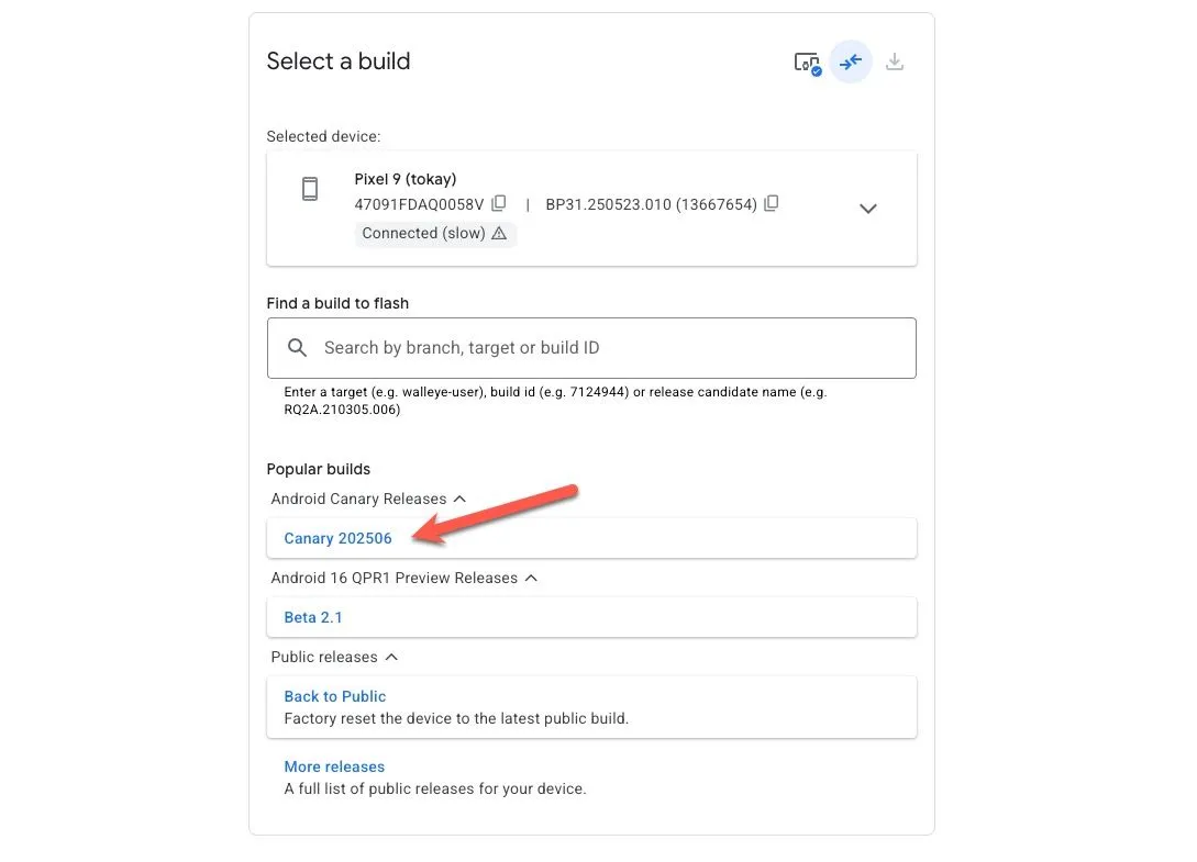 Giao diện Android Flash Tool với tùy chọn chọn Canary build và cài đặt