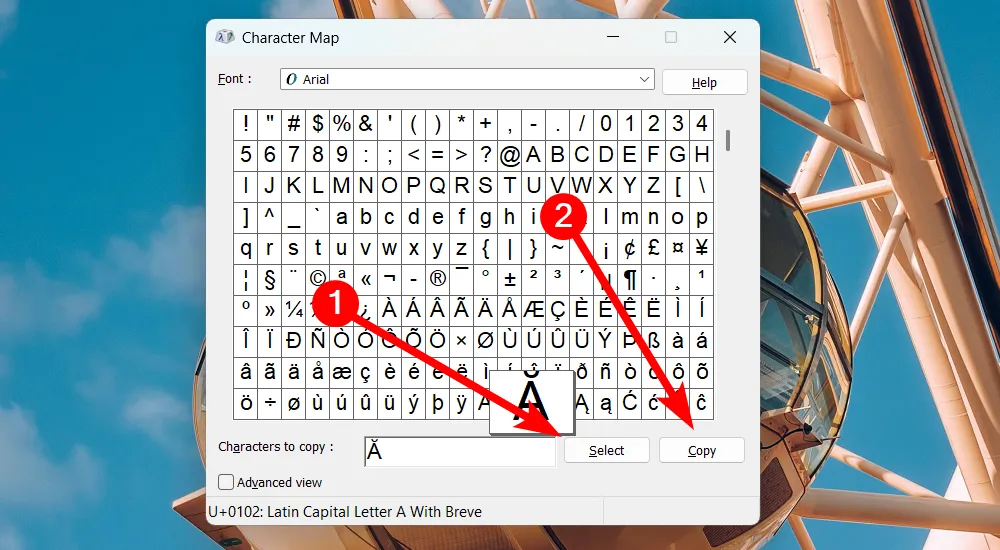 Giao diện Bản đồ Ký tự (Character Map) với các ký tự đặc biệt và nút chọn/sao chép.