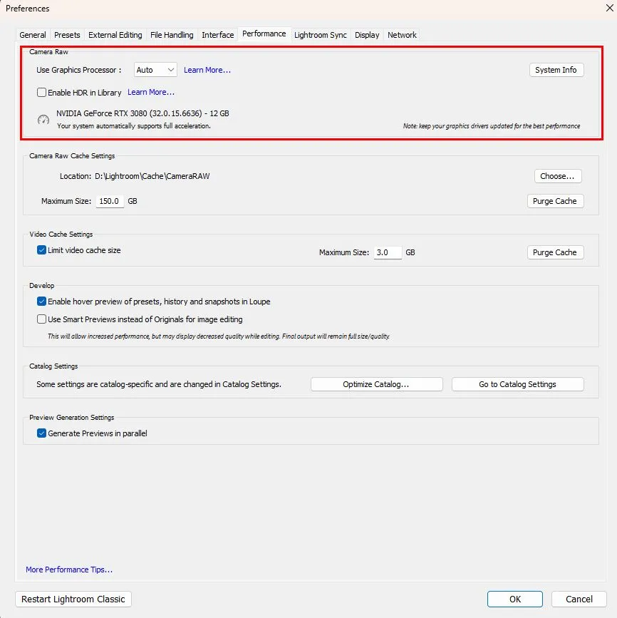 Giao diện cài đặt Adobe Lightroom Classic khuyến nghị chọn chế độ &quot;Auto&quot; cho GPU để tối ưu hiệu suất card đồ họa