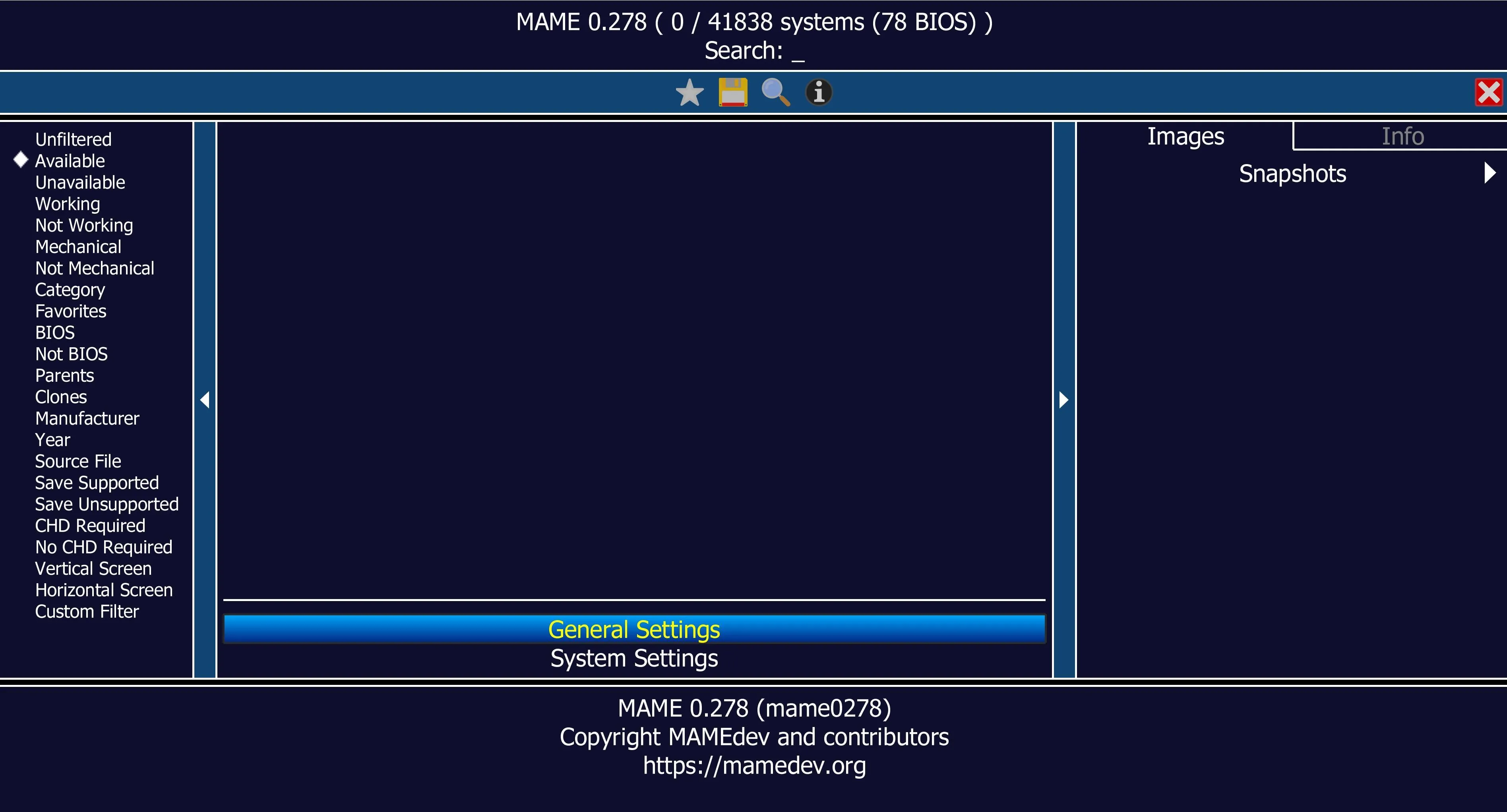 Giao diện chính của giả lập game MAME trên máy tính Windows 11