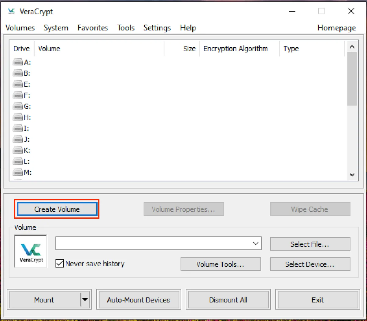 Giao diện chính của VeraCrypt cho phép tạo volume mã hóa