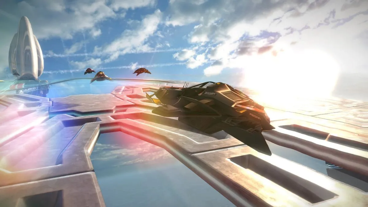 Giao diện chọn xe và màn hình tải game của Wipeout Omega Collection trên PlayStation