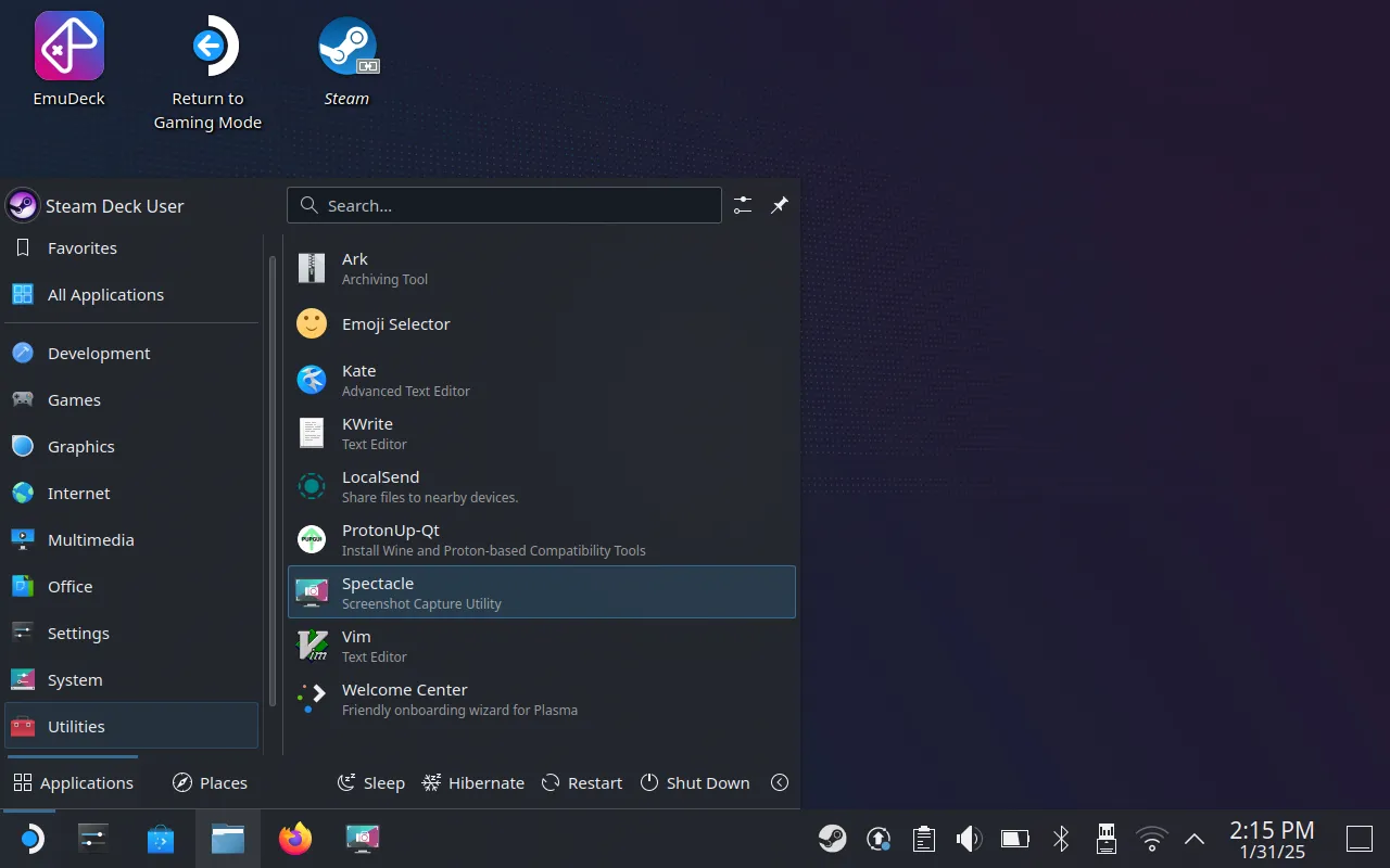 Giao diện công cụ chụp màn hình Spectacle trên hệ điều hành SteamOS ở chế độ Desktop.