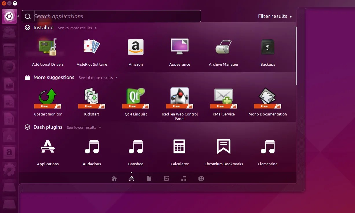 Giao diện Dash trong Ubuntu 15.04, hiển thị khả năng tìm kiếm ứng dụng, tệp và nội dung web một cách tập trung.