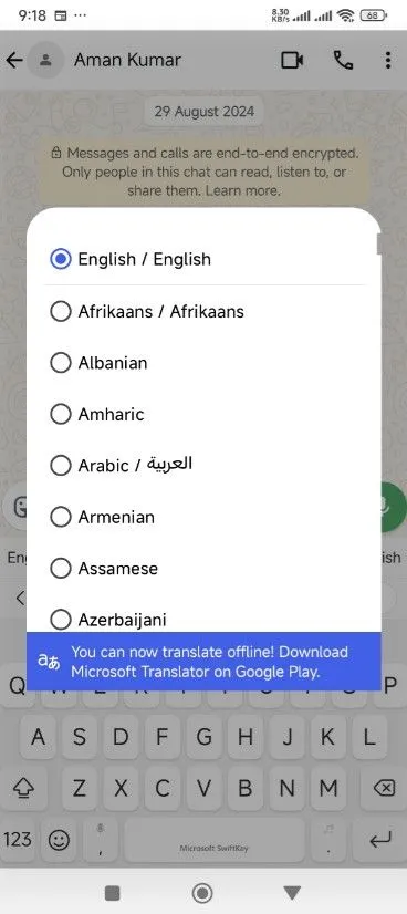 Giao diện dịch thuật đa ngôn ngữ tích hợp trong bàn phím Microsoft SwiftKey.
