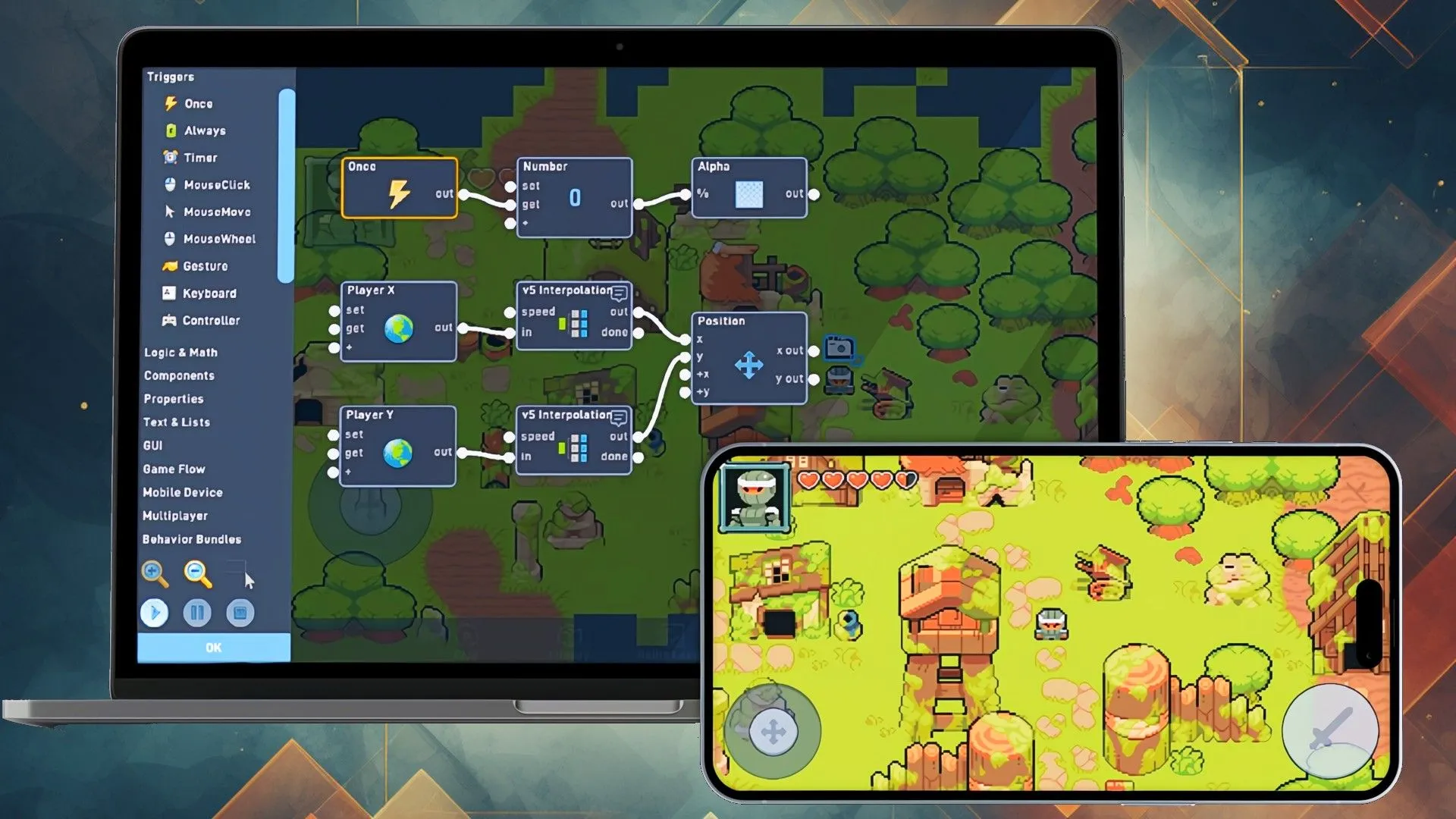 Giao diện Flowlab Game Creator đang phát triển game với cảnh rừng và nhân vật, hiển thị trên cả máy tính và điện thoại.