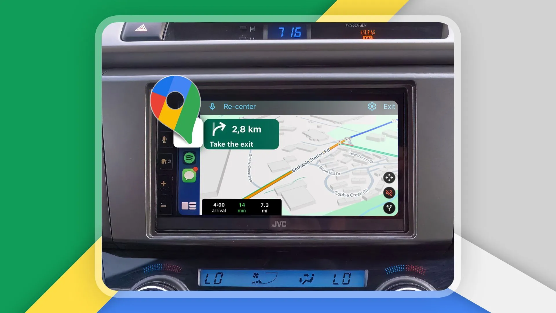 Giao diện Google Maps đang hoạt động trên màn hình xe ô tô, thể hiện tính năng điều hướng