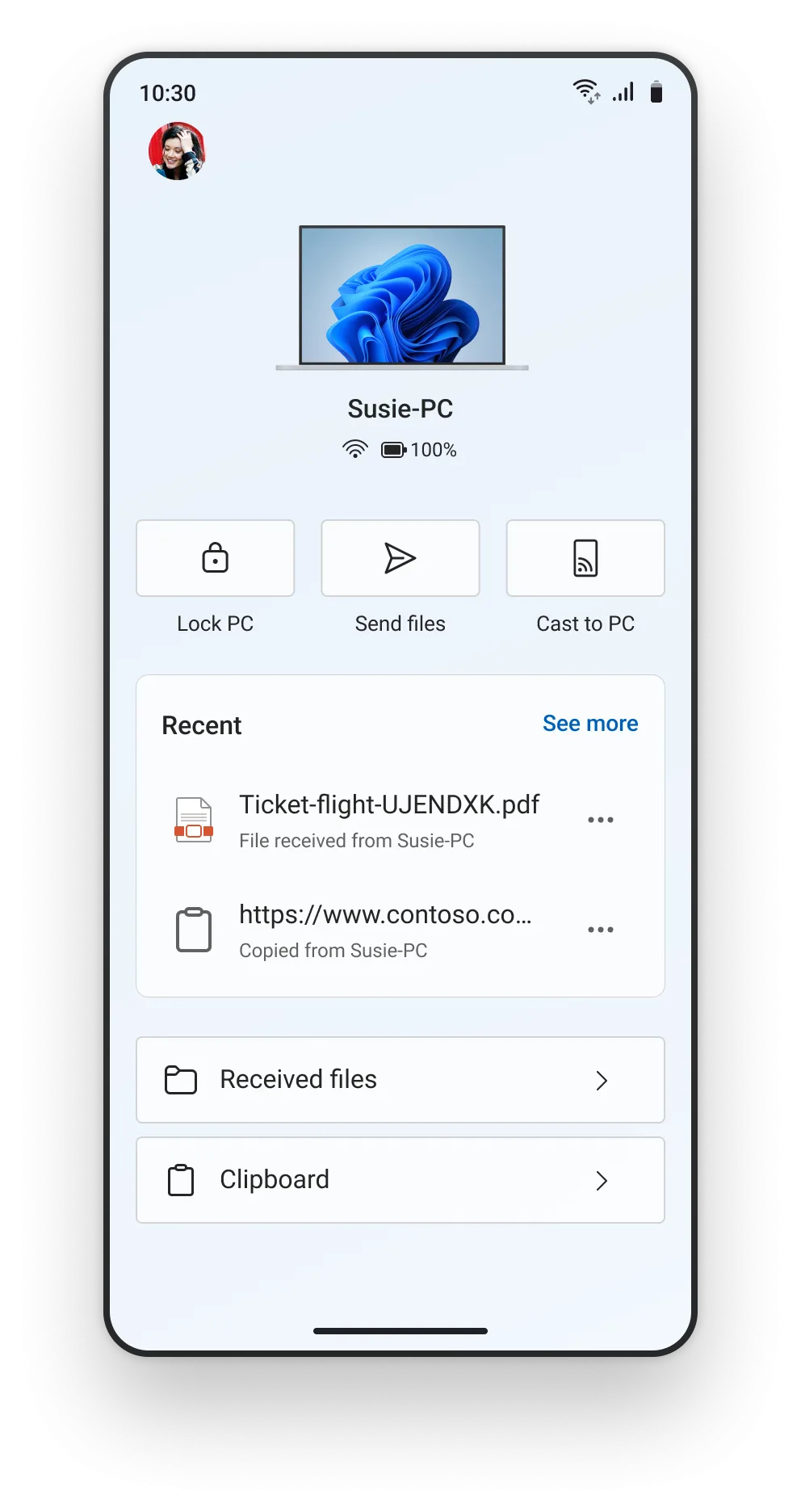 Giao diện mới của ứng dụng Link to Windows trên Android với menu &quot;Access PC&quot; hiển thị các tùy chọn điều khiển PC như khóa máy và gửi file