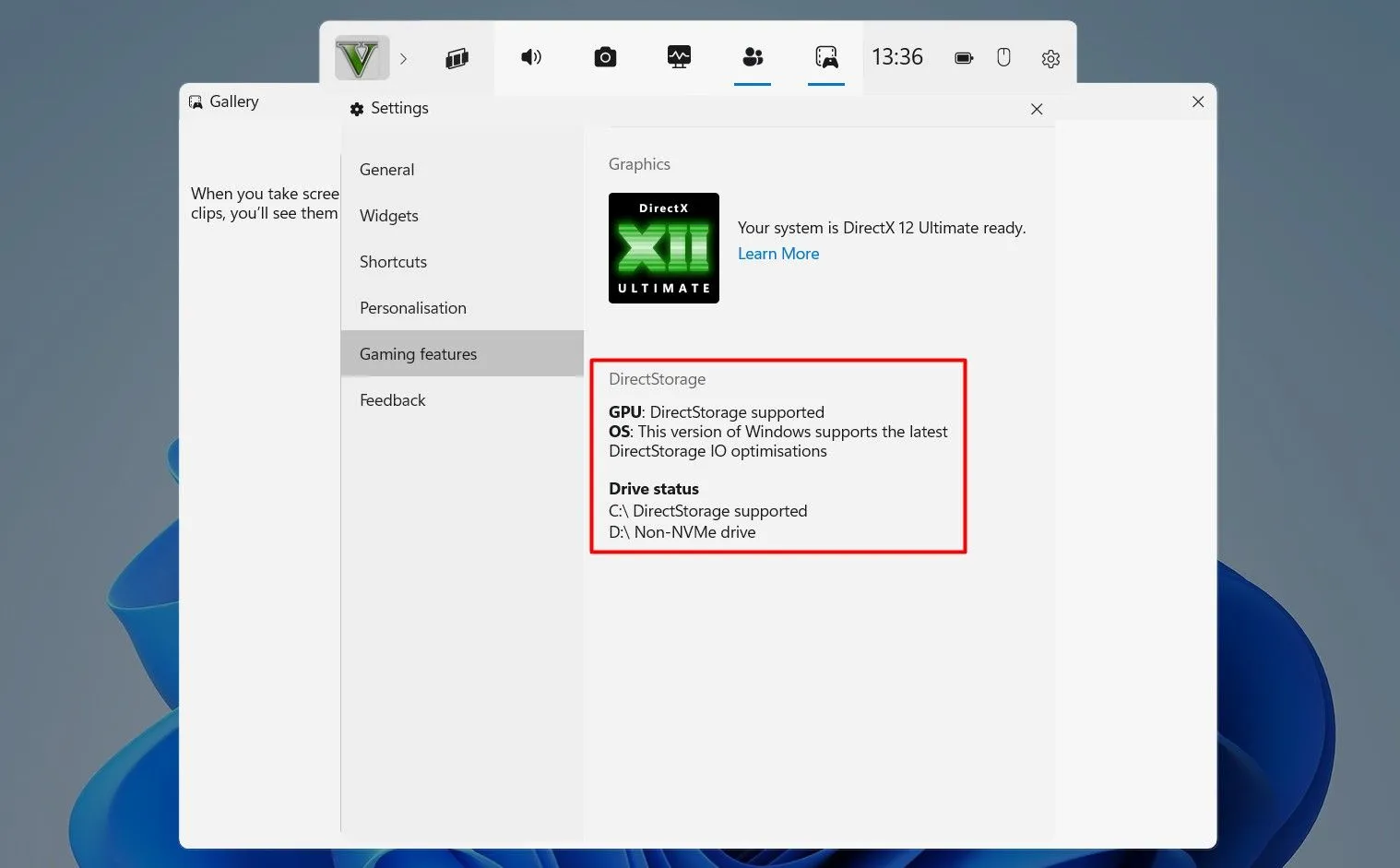 Giao diện mục &quot;Gaming Features&quot; trong Game Bar trên Windows 11 để kiểm tra tương thích DirectStorage