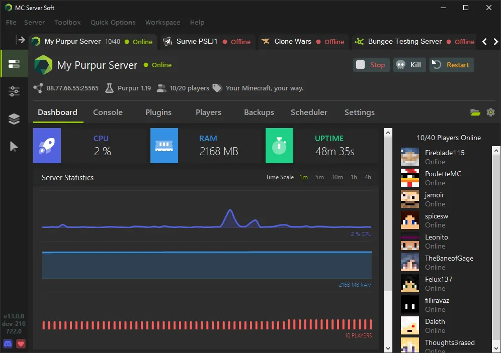 Giao diện phần mềm MC Server Soft đang chạy, hiển thị thông tin server Minecraft và danh sách người chơi trực tuyến
