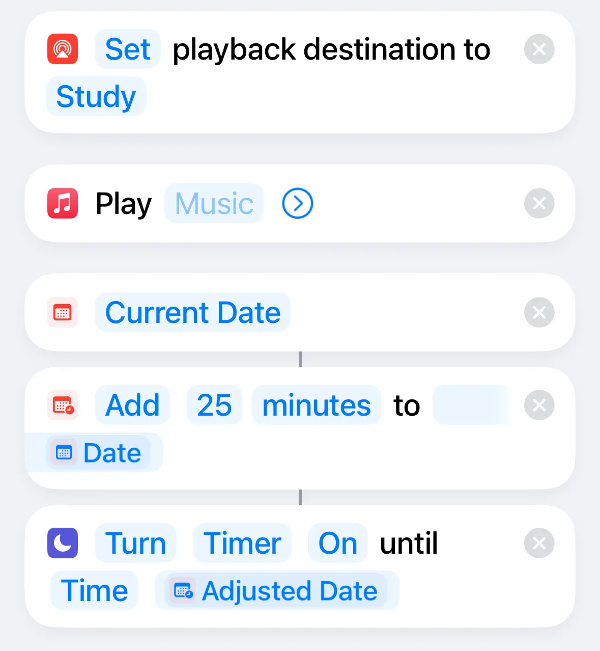 Giao diện phím tắt đã hoàn thành để bắt đầu hẹn giờ Pomodoro trên ứng dụng Shortcuts