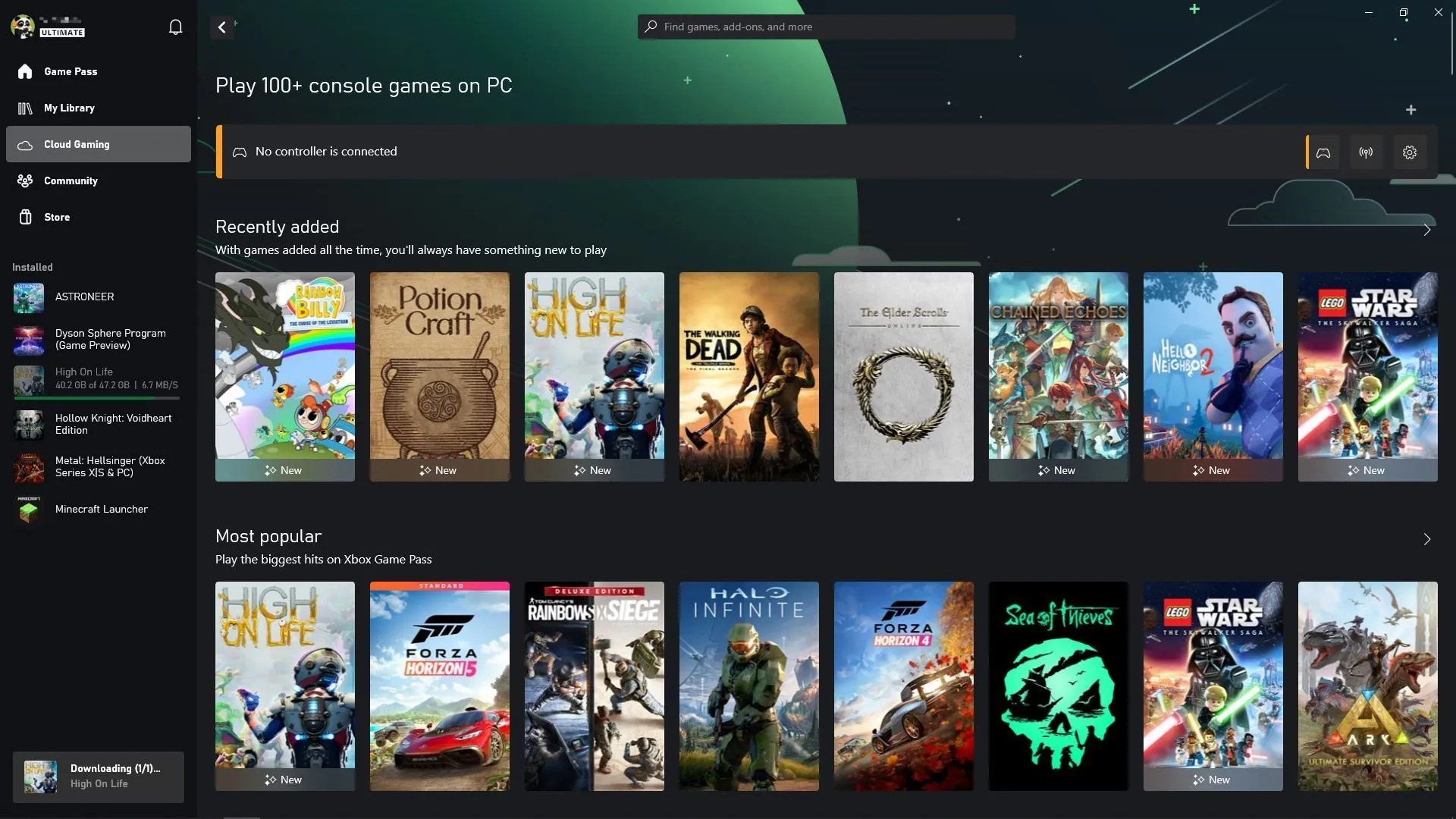 Giao diện tab Cloud gaming trong ứng dụng Xbox Game Pass trên Windows