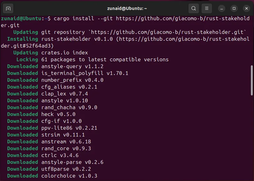 Giao diện terminal Linux hiển thị quá trình cài đặt rust-stakeholder bằng Cargo