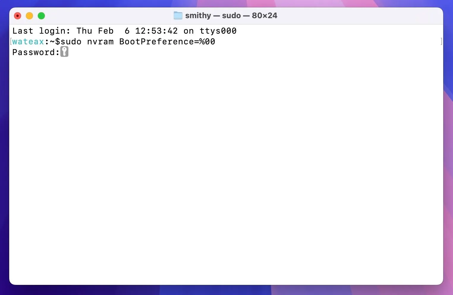 Giao diện Terminal macOS yêu cầu nhập mật khẩu quản trị để xác nhận thay đổi cài đặt khởi động MacBook.