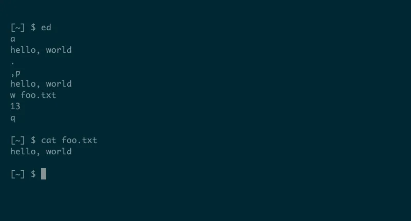 Giao diện terminal minh họa cách sử dụng trình soạn thảo văn bản ed trong Linux để tạo và lưu file.