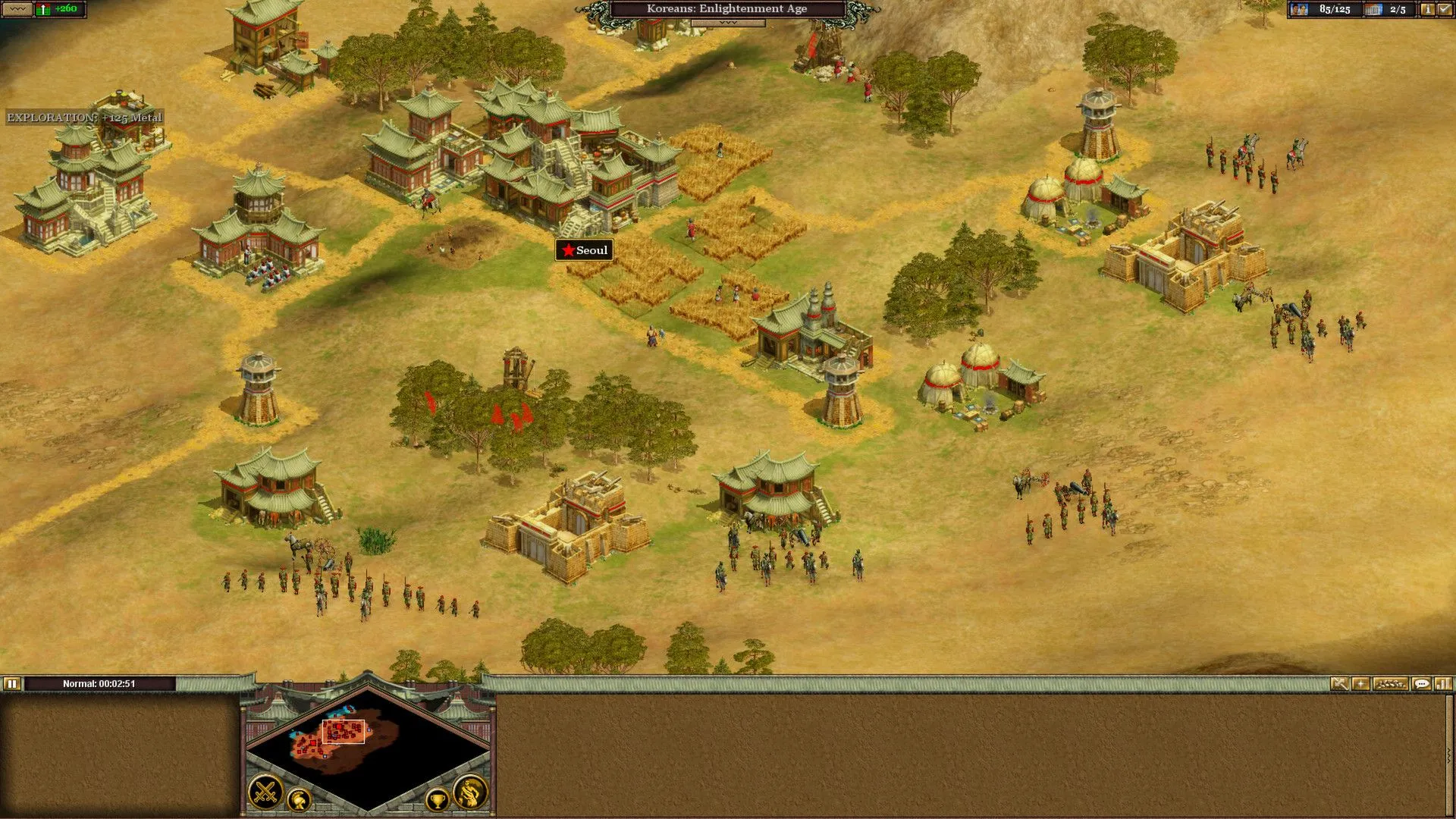 Giao diện tổng quan một trận đấu trong Rise of Nations với nhiều đơn vị và công trình