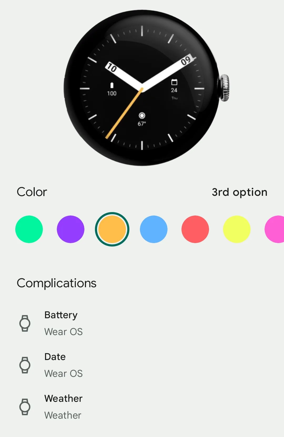 Giao diện tùy chỉnh cài đặt của mặt đồng hồ Digalog trên ứng dụng Google Pixel Watch, cho phép người dùng thay đổi màu sắc và các thông tin hiển thị