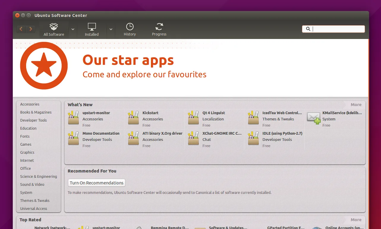 Giao diện Ubuntu Software Center trong Ubuntu 15.04, là nơi người dùng tìm kiếm và cài đặt phần mềm trước khi Snap packages trở nên phổ biến.
