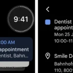 Giao diện ứng dụng Google Calendar hiển thị các sự kiện và tác vụ sắp tới trên màn hình Apple Watch, minh họa thiết kế thẻ màu sắc.
