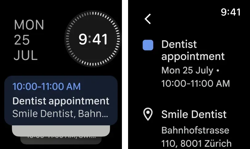 Giao diện ứng dụng Google Calendar hiển thị các sự kiện và tác vụ sắp tới trên màn hình Apple Watch, minh họa thiết kế thẻ màu sắc.