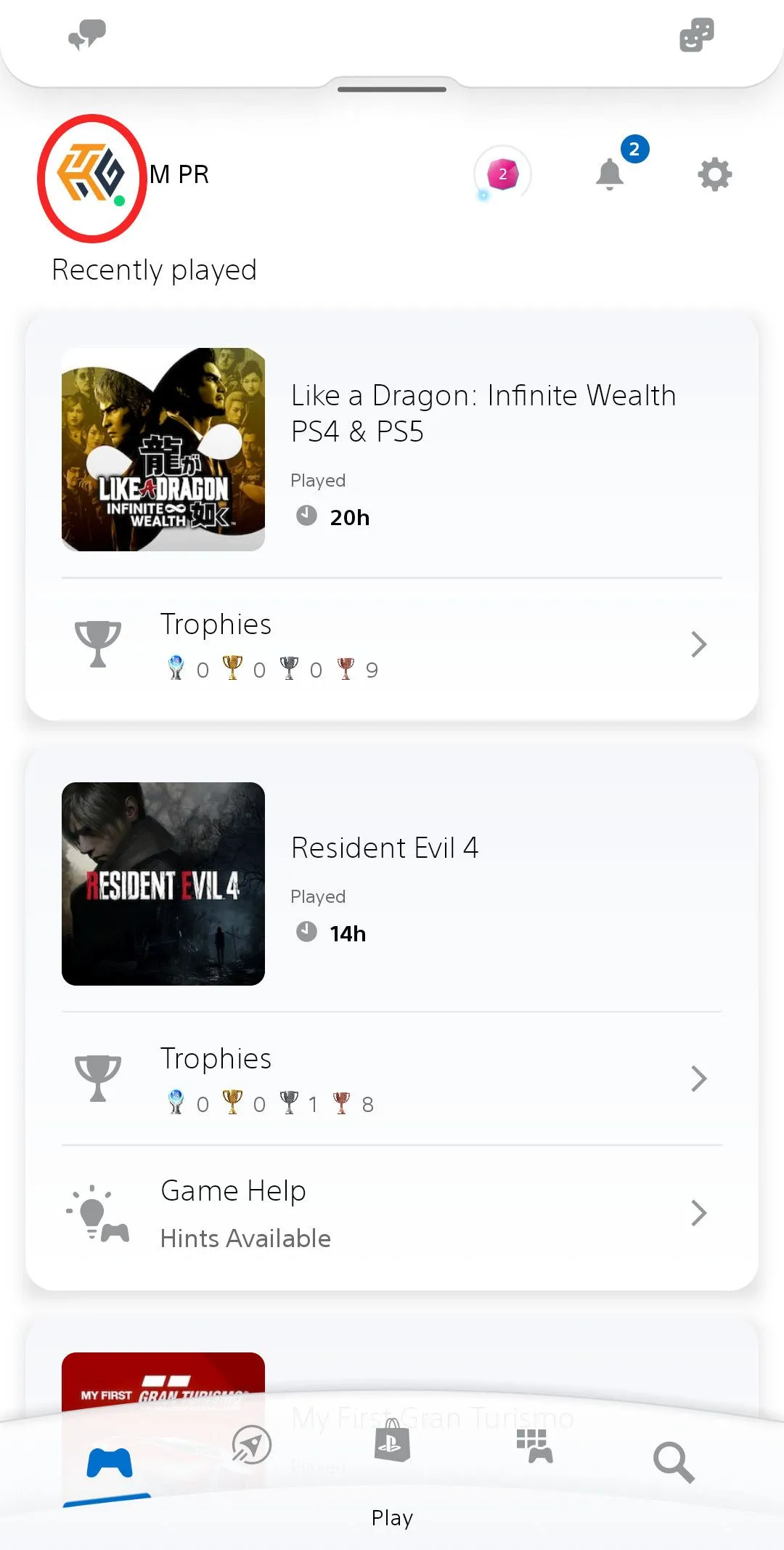 Giao diện ứng dụng PlayStation trên di động, khoanh tròn biểu tượng hồ sơ người dùng.