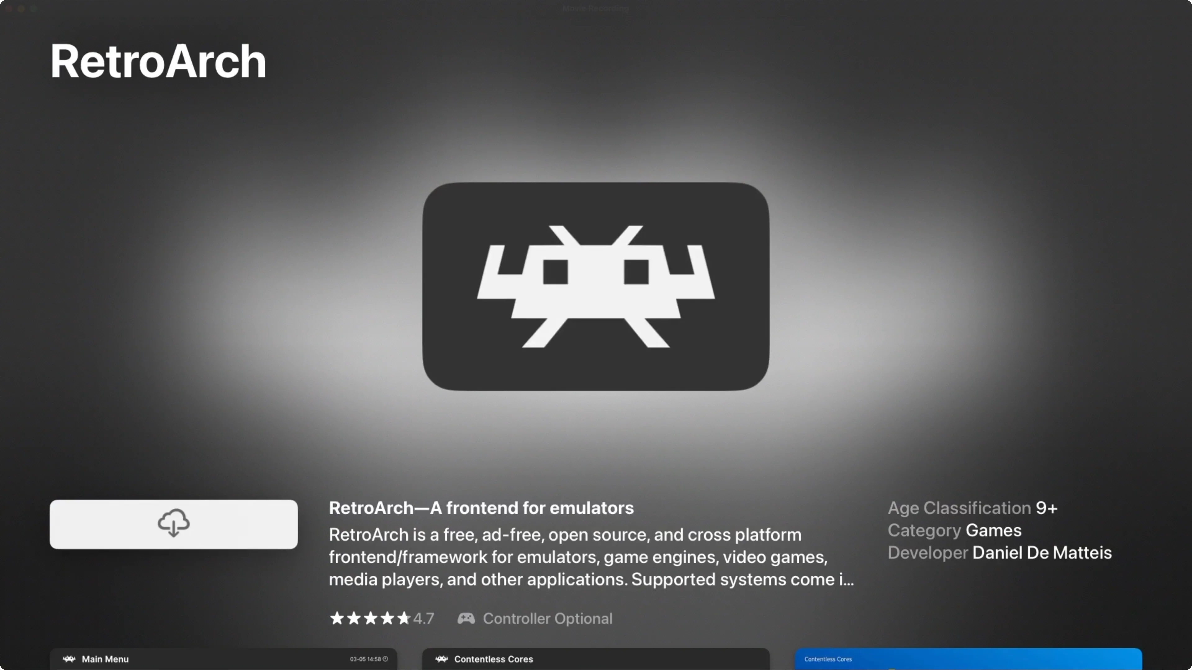 Giao diện ứng dụng RetroArch trên kho ứng dụng App Store của tvOS, hiển thị khả năng tải về cho Apple TV