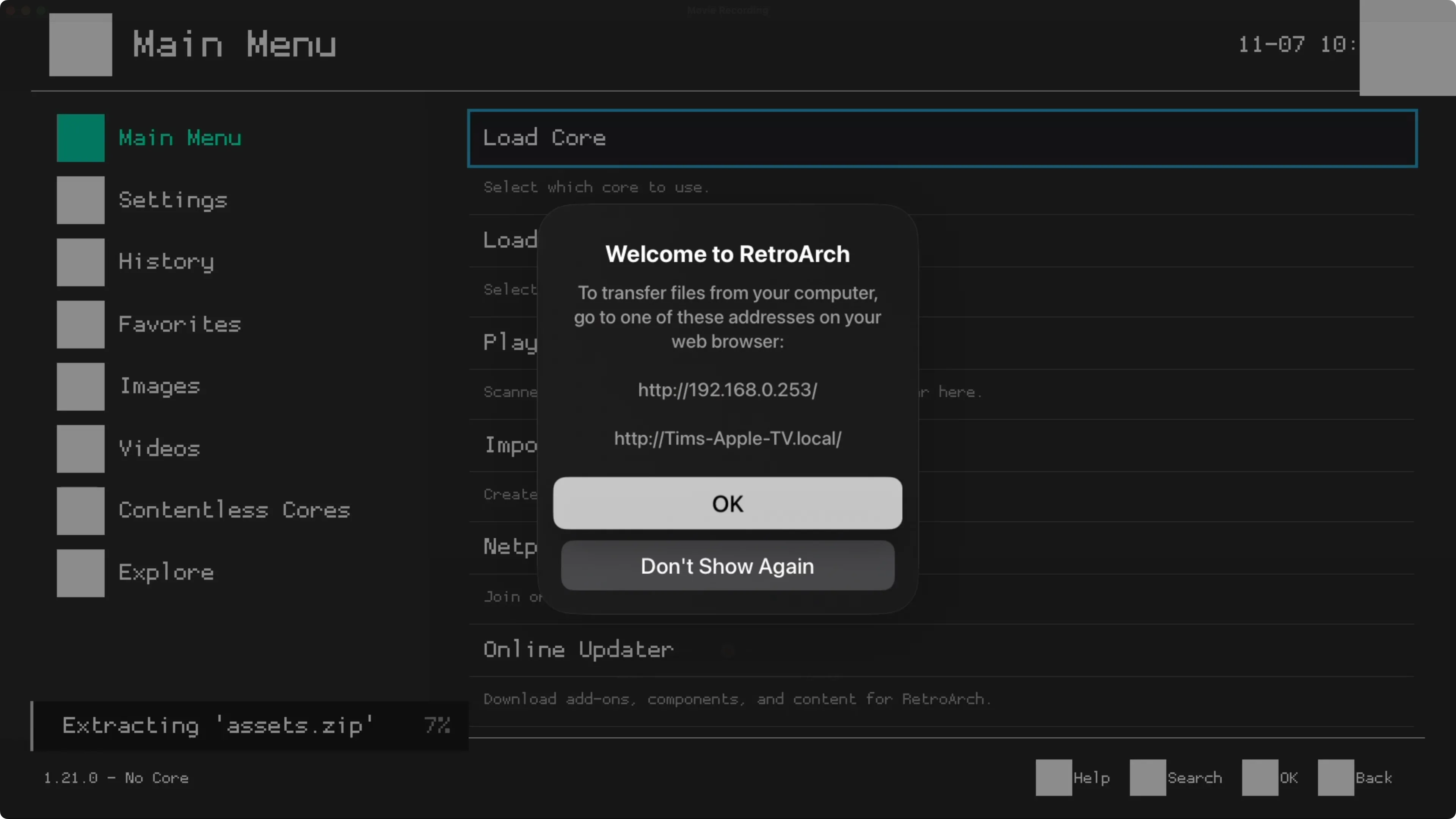 Giao diện web của RetroArch hiển thị hướng dẫn người dùng chuyển tệp ROM và BIOS qua mạng cục bộ sang Apple TV