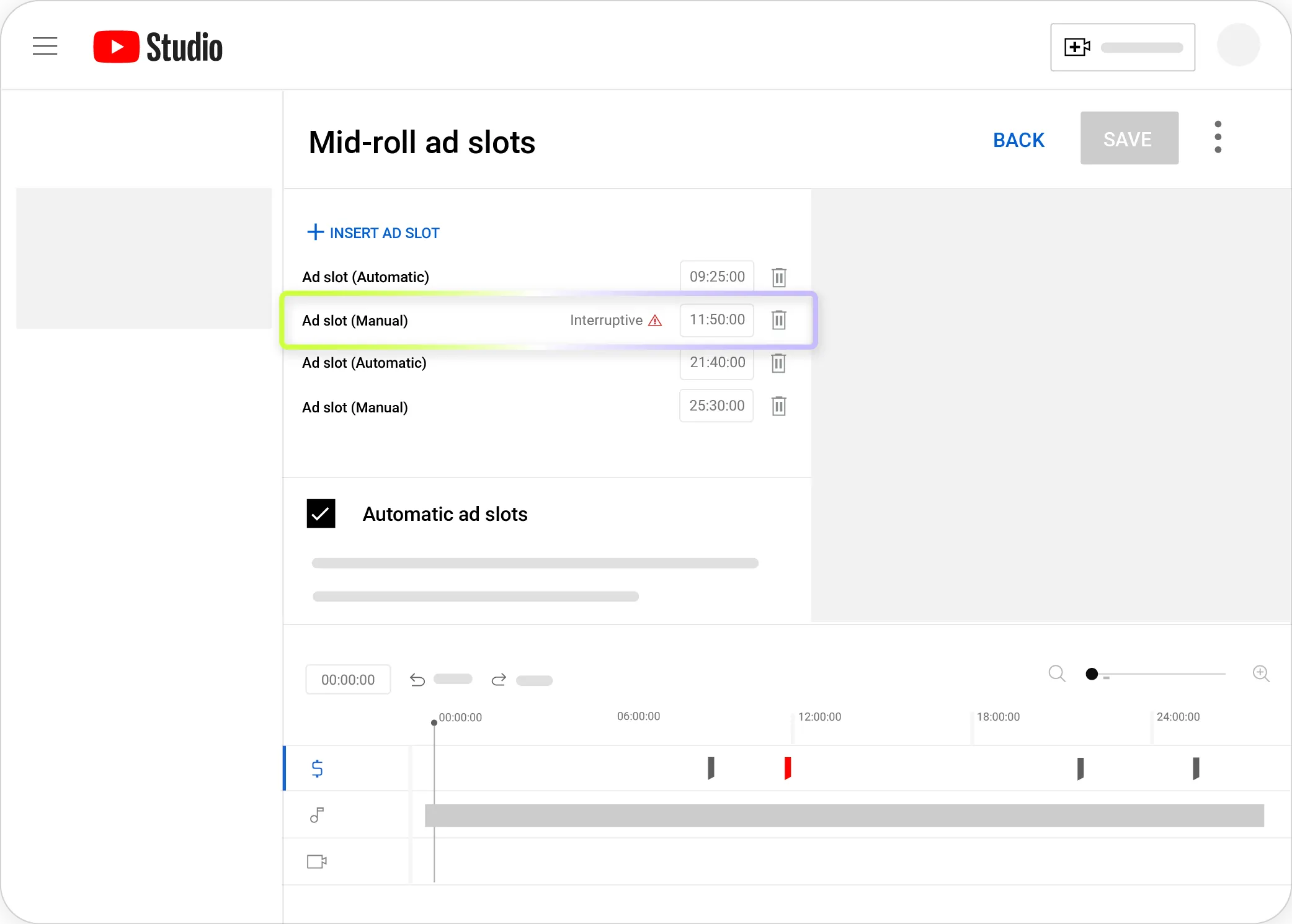 Giao diện YouTube Studio hiển thị phản hồi về vị trí quảng cáo giữa video (mid-roll ads), giúp nhà sáng tạo tối ưu hóa.