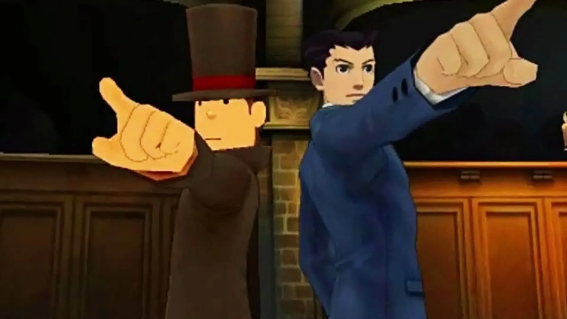 Giáo sư Layton và Phoenix Wright cùng nhau đưa ra lời buộc tội trong game Professor Layton Vs. Phoenix Wright: Ace Attorney