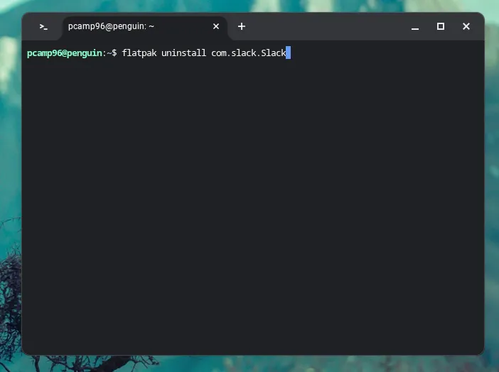 Gỡ cài đặt ứng dụng GIMP bằng lệnh flatpak uninstall org.gimp.GIMP trên Terminal Linux của Chromebook.
